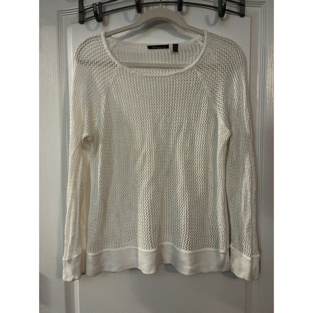 525 America Womens Top Open Knit Round Neck Sweater White Size XL 100% Rayon‎